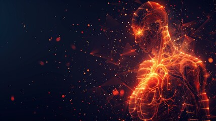 Poster -  isolated heart with pain center. Low poly wireframe. Polygonal 3D human body and organs on dark background with triangle geometry. Medicine concept.