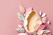 Handcraft creative decorative floral frame made of paper Easter Egg, Flowers and Leaves on pastel pink beige background. Easter design Peach Fuzz Color of the Year 2024. Flat lay Close up. Copy space.
