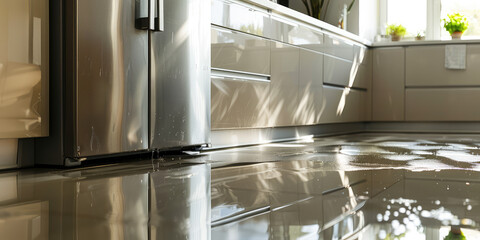 Leaking Refrigerator in Modern Kitchen. Puddle of water under refrigerator indicating a leak, water on floor. Kitchen appliance breakdown.