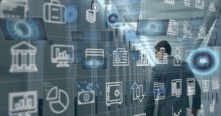 Poster - Image of digital icons and data processing over caucasian male engineer walking in server room