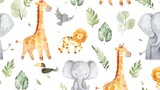 Fototapeta Dziecięca - cute cartoon watercolor sketch of elephant giraffe and lion
