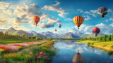 Fototapeta Storczyk - Colorful hot air balloons fly over the river and blue sky with clouds.