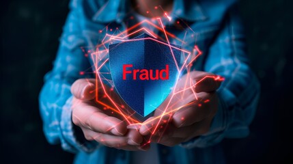 Poster - Person Holding a Blue Digital Shield with Technology Symbols, Digital Shield, technology, person, protection