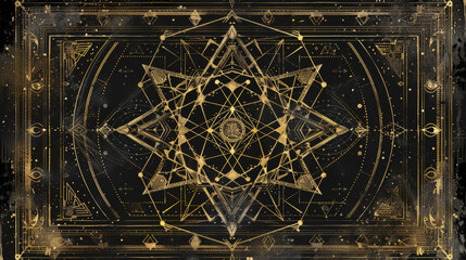 A complex golden mandala design with symmetrical patterns and esoteric symbols