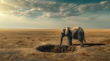 Thirst In The Savannah, A Lone Elephant Stands By A Watering Hole In The Vast Expanse Of The Savannah, Under The Watchful Gaze Of A Setting Sun And A Sky Speckled With Clouds.