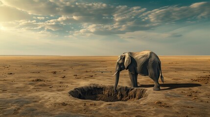 Thirst in the Savannah, A lone elephant stands by a watering hole in the vast expanse of the savannah, under the watchful gaze of a setting sun and a sky speckled with clouds.