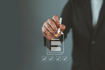Poster - Quality Certificate and Checklist document inspecting target marketing planning assignment with quality management. Standardization, certification. Compliance to regulations service and standards.