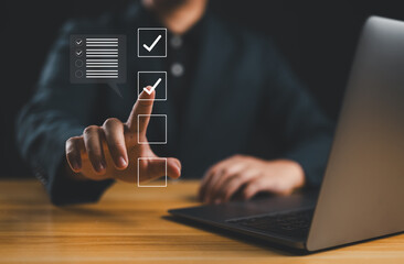 Poster - Sign assessment for certificate in online survey form, questionnaire, evaluation, online survey exam Choosing the right answer in the exam, filling out. digital form checklist