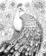 Black and white illustration for coloring birds, peacock.