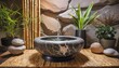 a zen-inspired indoor water fountain with natural stone elements, bamboo accents, and cascading water features,