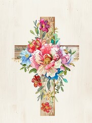 Sticker - Easter Religious Floral Illustration with Watercolor Flowers Generative AI