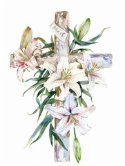 Sticker - Watercolor Cross with Lily Flowers Generative AI