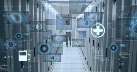 Poster - Image of icons and data processing over caucasian it engineer and computer servers