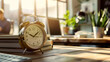 © sema_srinouljan - An alarm clock placed on a desk in an office, indicating the passage of time and the start of the workday.