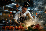 Fototapeta  - Culinary Flames: Chef's Fiery Cooking Display