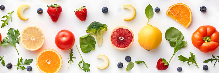 Wall Mural - white background, marketing material, healthy food, fresh fruit and vegetables, simple, in neat and precise order,