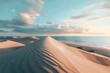 Wide-angle capture of serene sand dunes and ocean vista in warm, soft lighting, showcasing ultra-realistic unsplash-style photography.