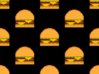 Pixel burger seamless pattern. 8-bit cheeseburger with two patties and cheese. Cheeseburger with two cutlets, cheese and sauces in pixel art style. Design fast food wallpaper. Vector illustration