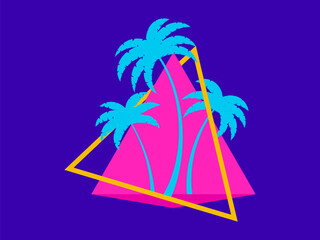 Wall Mural - Palm trees in the futuristic style of the 80s. Triangle with silhouettes of tropical palm trees synthwave 80s. Design for banners and posters, advertising products. Vector illustration