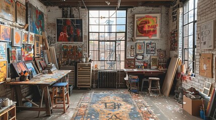 Eclectic artists studio with vibrant artwork and a variety of materials