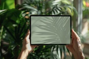 hands holding tablet with blank screen for mockup , green plants in the background. ai generated