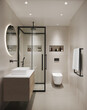 3d rendering of a minimal beige bathroom with a shower a toilet and black accessories