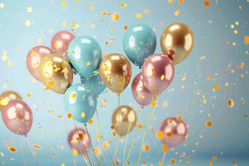 
balloons on the background, birthday party balloons with confetti and cake on light, birthday party balloons, colourful balloons background 