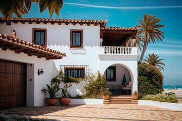 Mediterranean style house in white color with flowers