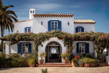 Mediterranean style house in white and blue color with flowers