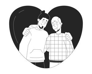 Poster - Heart-shaped hug father son older black and white 2D line cartoon characters. Heartshaped embrace senior dad isolated vector outline people. Loved relationships monochromatic flat spot illustration