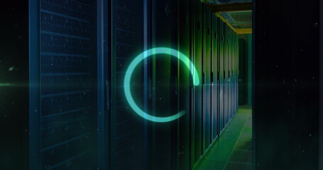 Poster - Image of neon round scanner and white particles against computer server room