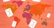 Image of mail envelope icons flying over world map