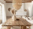 Bamboo Table with Wicker Chandelier and White Couch - A Modern and Eco-Friendly Living Space Generative AI