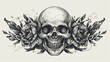 A human skull head with ornament pattern background