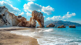 Fototapeta Uliczki - The blue sea, sand and rocks on a beautiful Mediterranean beach