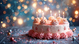 Fototapeta Uliczki - Birthday cake with white icing and lit candles, close-up. Festive background, birthday card layout, copy space.