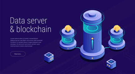 Poster - Isometric illustration of a server room, data server or blockchain. Big data or analytics center. 3d style.
