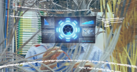 Poster - Image of data processing over caucasian male it engineer fixing cables of computer server