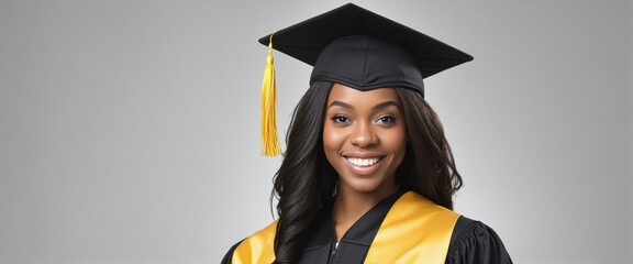 Yellow Banner with Beautiful black woman wearing a graduation cap