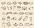 Set of hand drawn fast food illustration (French fries, pizza, taco, hamburger, chips, cheeseburger, sandwich, kebab, hot dog, nuggets etc), vector sketch isolated illustration of street food