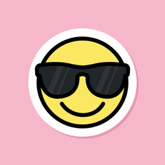 Sticker - smiling face with sunglasses emoji sticker, black outline, cute sticker on pink background, groovy aesthetic, vector design element