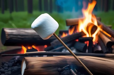 Marshmallows on a stick roasting on a campfire in the woods.