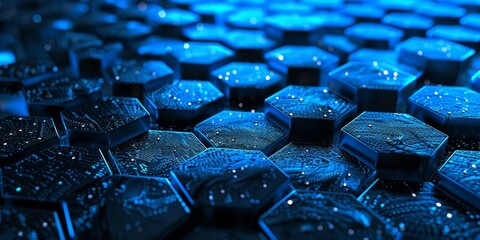 Abstract blue glowing hexagonal pattern depicting advanced technological connectivity.