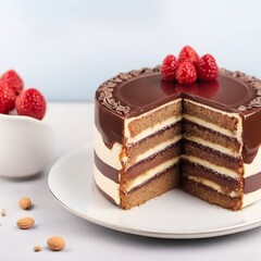 Free  Photo Chocolate cake with cream and berries on a light background Selective focus. 