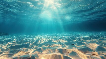 Wall Mural - Seabed sand with blue tropical ocean above, empty underwater background with the summer sun shining brightly, creating ripples in the calm sea water