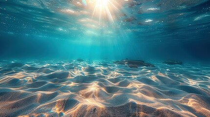 Wall Mural - Seabed sand with blue tropical ocean above, empty underwater background with the summer sun shining brightly, creating ripples in the calm sea water