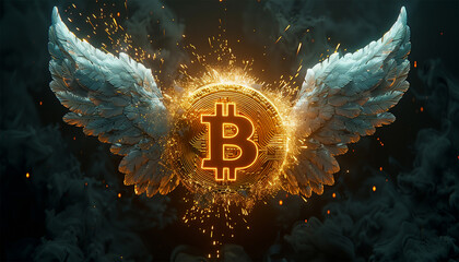 Bitcoin flying with wings. Bitcoin and cryptocurrency investing concept. Bitcoin cryptocurrency gold coin. Trading on the cryptocurrency exchange. Trends in bitcoin exchange rates. Rise and fall 