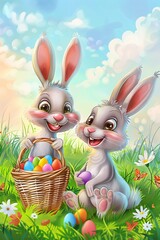 Wall Mural - Bunny Boomers - A whimsical illustration of two bunnies sitting in a field with a basket of eggs, celebrating the Easter season. Generative AI