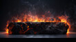 Table top stone with fire flames in dark abstract background