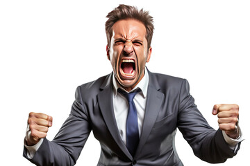 Wall Mural - Close-up of a male politician in a suit, emotionally irritated angry, white background isolate.